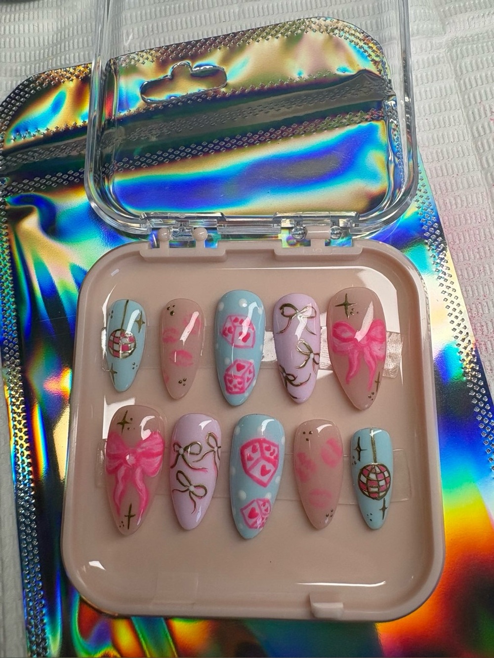 Medium Almond Y2K Coquette Press-On Nails | Pink Bows, Dice & Disco Ball